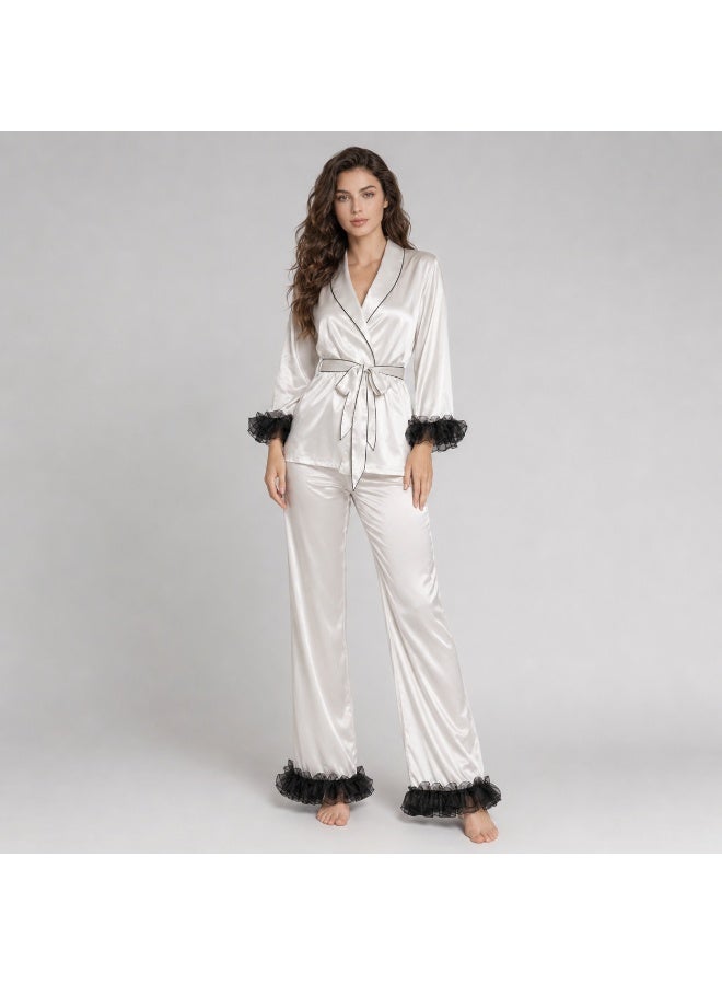 Satin pajama set, pants and robe with organza ruffle trim - Image 1