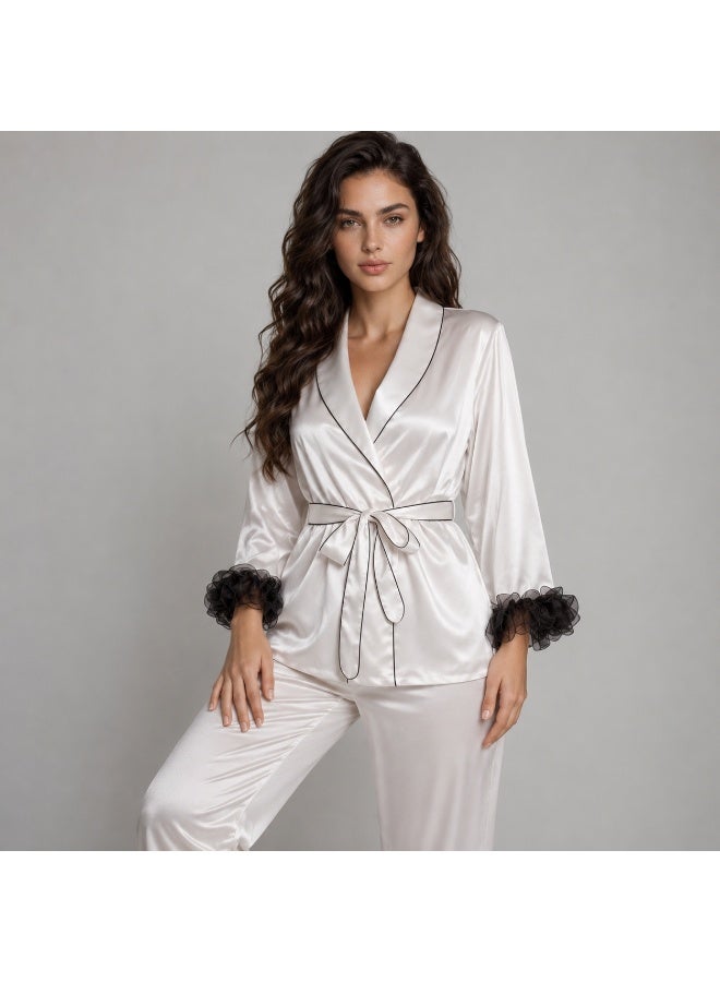 Satin pajama set, pants and robe with organza ruffle trim - Image 2