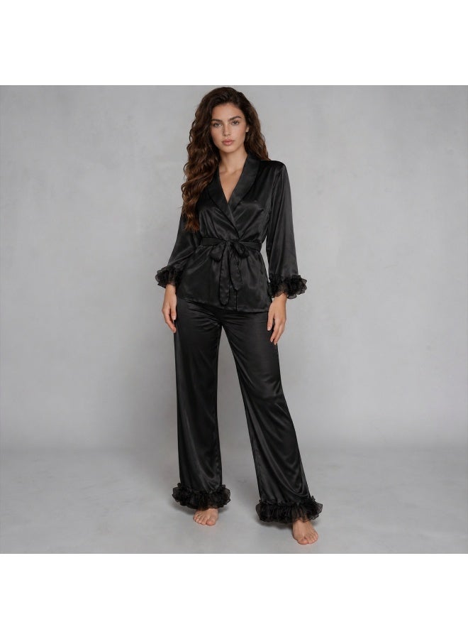 Satin pajama set, pants and robe with organza ruffle trim - Image 3