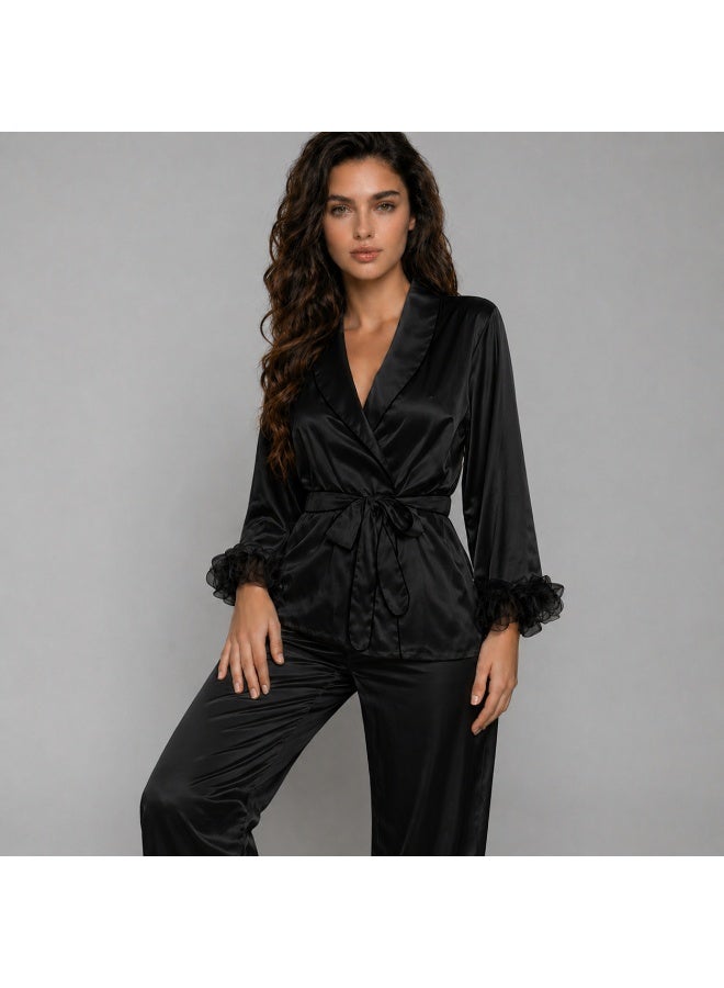 Satin pajama set, pants and robe with organza ruffle trim - Image 4