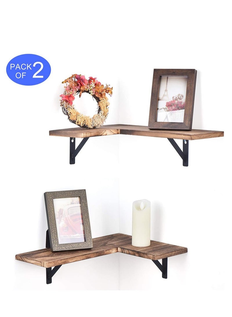 2-PCS Home Office Wall Mounted Corner Floating Shelves and Rustic Wood Show Storage Organize Set with Install Screw