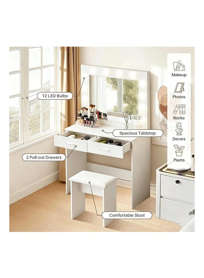 JCB CHIC Modern White Makeup Vanity Desk with LED Mirror, 2-Drawer Dressing Table with Open Shelves and Cushioned Stool，Multifunctional Vanity Table Sets for Bedroom - Image 3