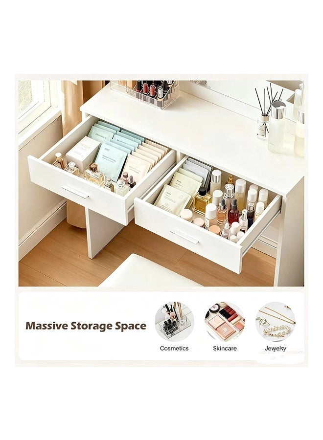 JCB CHIC Modern White Makeup Vanity Desk with LED Mirror, 2-Drawer Dressing Table with Open Shelves and Cushioned Stool，Multifunctional Vanity Table Sets for Bedroom - Image 4