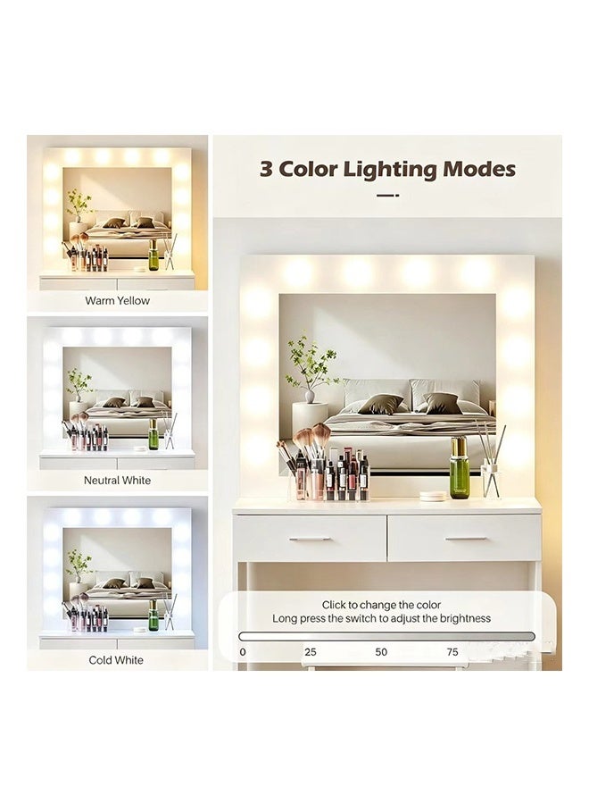 JCB CHIC Modern White Makeup Vanity Desk with LED Mirror, 2-Drawer Dressing Table with Open Shelves and Cushioned Stool，Multifunctional Vanity Table Sets for Bedroom - Image 5