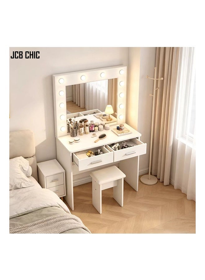 JCB CHIC Modern White Makeup Vanity Desk with LED Mirror, 2-Drawer Dressing Table with Open Shelves and Cushioned Stool，Multifunctional Vanity Table Sets for Bedroom - Image 1