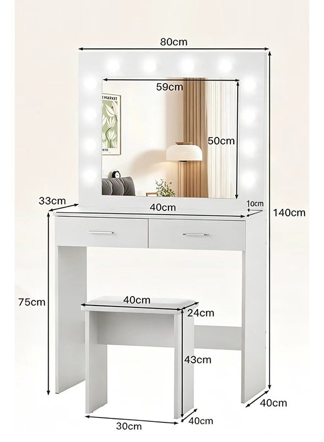 JCB CHIC Modern White Makeup Vanity Desk with LED Mirror, 2-Drawer Dressing Table with Open Shelves and Cushioned Stool，Multifunctional Vanity Table Sets for Bedroom - Image 2