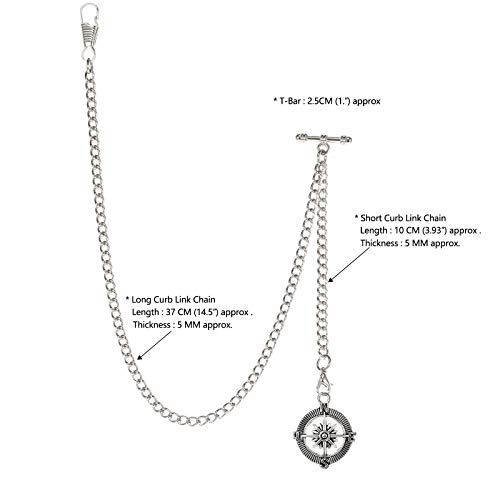 TREEWETO Men's Albert Chain Pocket Watch Curb Link Key Chain 2 Hooks with Antique Compass Silver Pendant Design Charm Fob T Bar - Image 3