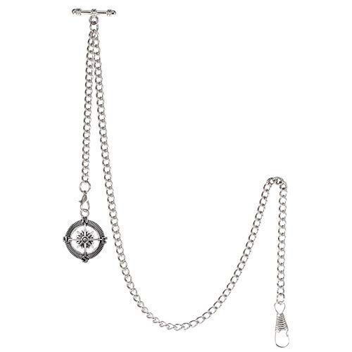 TREEWETO Men's Albert Chain Pocket Watch Curb Link Key Chain 2 Hooks with Antique Compass Silver Pendant Design Charm Fob T Bar - Image 1