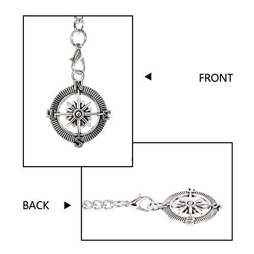 TREEWETO Men's Albert Chain Pocket Watch Curb Link Key Chain 2 Hooks with Antique Compass Silver Pendant Design Charm Fob T Bar - Image 5