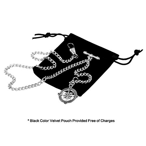 TREEWETO Men's Albert Chain Pocket Watch Curb Link Key Chain 2 Hooks with Antique Compass Silver Pendant Design Charm Fob T Bar - Image 2
