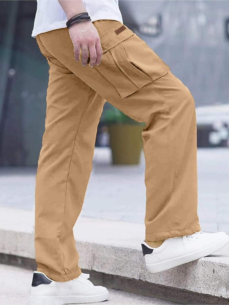 Comdecevis Men's Casual Cargo Pants Workout Joggers Stretch Sweatpants Hiking Drawstring Tactical Pants with Multi Pockets Khaki - Image 3