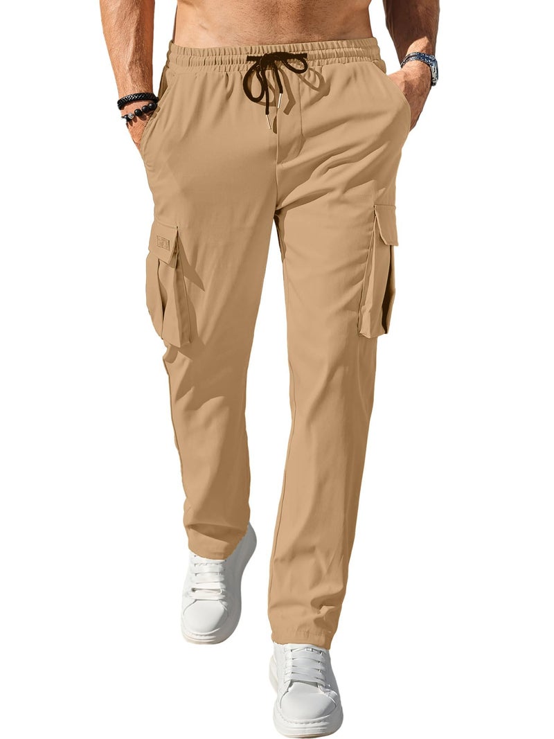 Comdecevis Men's Casual Cargo Pants Workout Joggers Stretch Sweatpants Hiking Drawstring Tactical Pants with Multi Pockets Khaki - Image 2