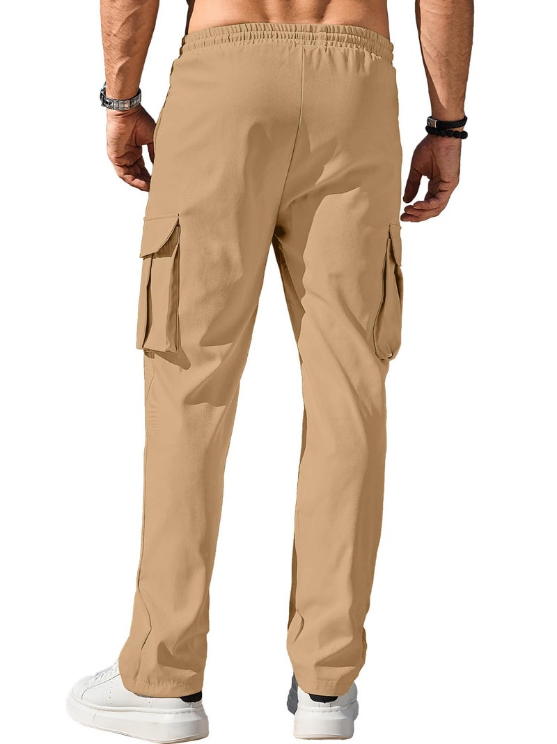 Comdecevis Men's Casual Cargo Pants Workout Joggers Stretch Sweatpants Hiking Drawstring Tactical Pants with Multi Pockets Khaki - Image 4