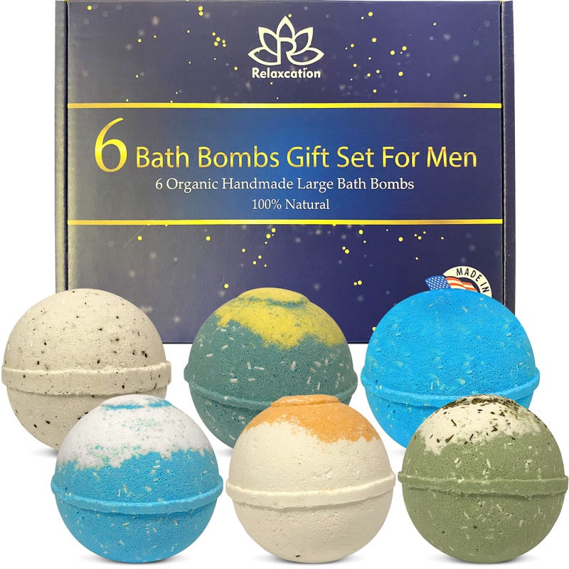 Relaxcation Organic Bath Bombs Gift Set for Men Vegan Natural Ingredients Absolutely Safe for Men Relaxing Epsom Himalayan Dead Sea Salts Essential Oils Made in The USA
