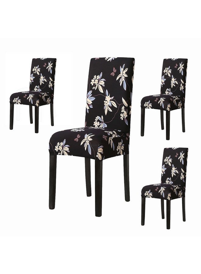 House of Quirk Polyester Spandex Printed Chair Cover Stretch Removable Washable Short Dining Chair Cover Protector Seat Slipcover (Black Flower, Pack of 4) - Image 1