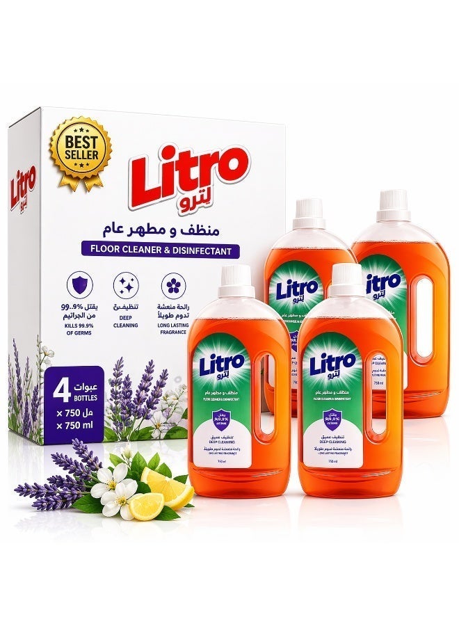 Litro Multi Purpose Cleaner & Disinfectant 4×750ml – Floor Cleaner, Bathroom & Kitchen Cleaning Liquid, Kills 99.9% Germs, Powerful Home Cleaning Solution - Image 1