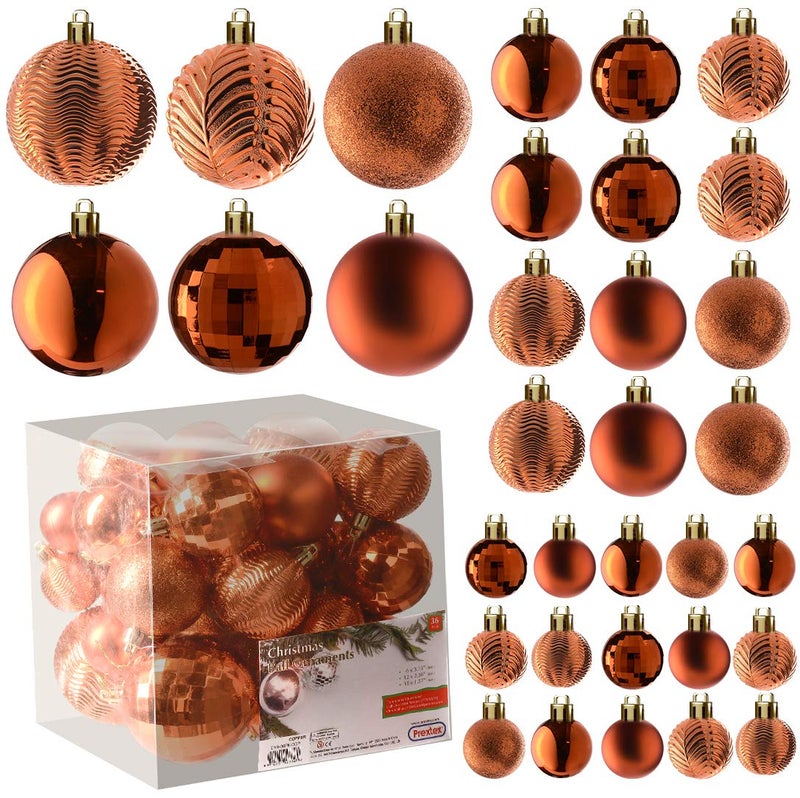Prextex PREXTEX Christmas Tree Ornaments  Copper Orange Christmas Ball Ornaments Set for Christmas Holiday Wreath  Party Decorations 36 pcs  Small Medium Large Shatterproof 3 Size Combo 