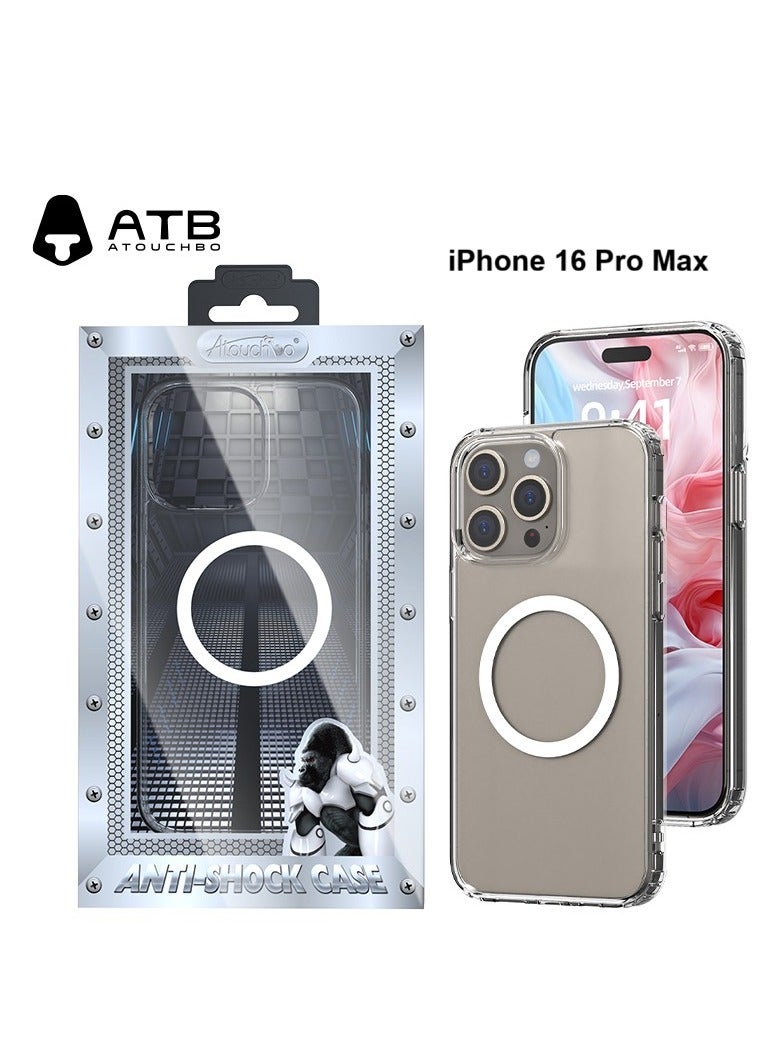 Atouchbo iPhone 16 pro max Clear shockproof case with built-in magnetic ring for car mounts and magnetic holders Elegant lightweight cover with anti-yellowing protection. A premium clear phone case made of soft TPU and hard PC for strong protection against drops, bumps, and scratches. Comes with a magnetic ring holder, allowing perfect compatibility with magnetic car mounts and stands. Anti-yellowing coating keeps the case crystal clear for a long time. - Image 1