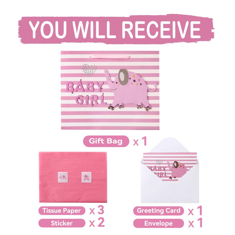 wishinside 13" Large Pink Gift Bag Set with Greeting Card and Tissue Paper(3D elephant) for Baby Girl,Baby Shower,Kids Birthday Party,Newborn,New Moms or Parents-13â€ x 5.2â€ x 10.2â€, 1 Pcs. - Image 3