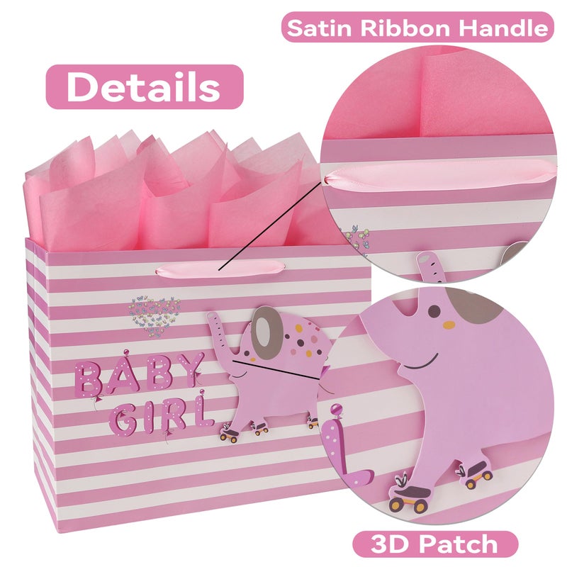 wishinside 13" Large Pink Gift Bag Set with Greeting Card and Tissue Paper(3D elephant) for Baby Girl,Baby Shower,Kids Birthday Party,Newborn,New Moms or Parents-13â€ x 5.2â€ x 10.2â€, 1 Pcs. - Image 4