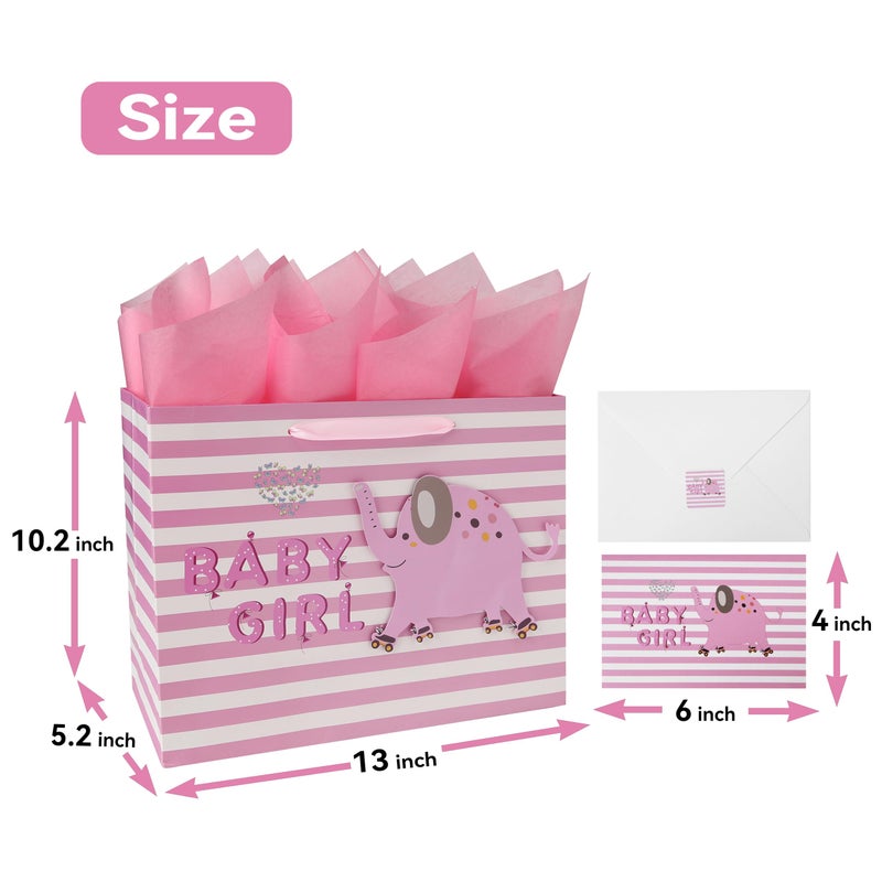 wishinside 13" Large Pink Gift Bag Set with Greeting Card and Tissue Paper(3D elephant) for Baby Girl,Baby Shower,Kids Birthday Party,Newborn,New Moms or Parents-13â€ x 5.2â€ x 10.2â€, 1 Pcs. - Image 2