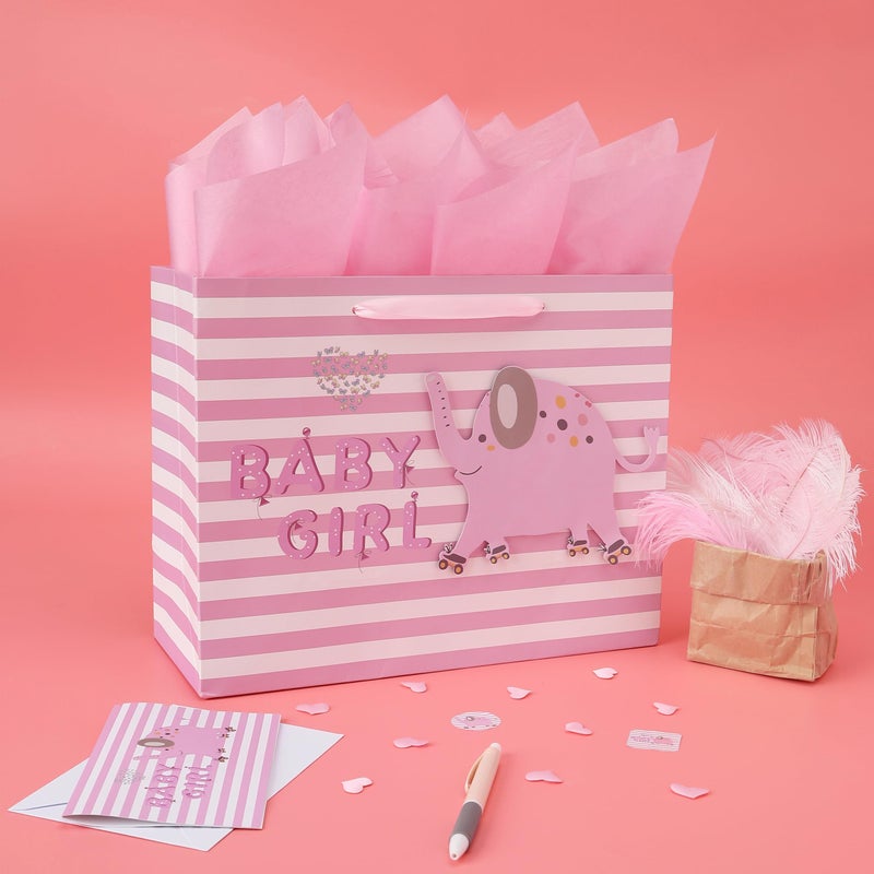 wishinside 13" Large Pink Gift Bag Set with Greeting Card and Tissue Paper(3D elephant) for Baby Girl,Baby Shower,Kids Birthday Party,Newborn,New Moms or Parents-13â€ x 5.2â€ x 10.2â€, 1 Pcs. - Image 5