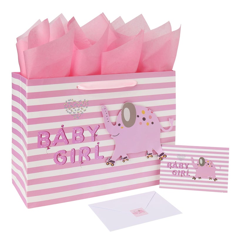 wishinside 13" Large Pink Gift Bag Set with Greeting Card and Tissue Paper(3D elephant) for Baby Girl,Baby Shower,Kids Birthday Party,Newborn,New Moms or Parents-13â€ x 5.2â€ x 10.2â€, 1 Pcs. - Image 1