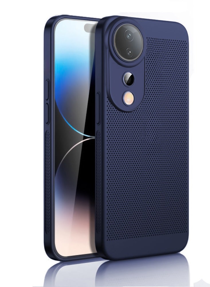 Heat Dissipation Case with Built in Camera Lens Protector Slim Fit Breathable Cooling Anti Fingerprint Hard PC Back Shockproof Cover For Vivo V40/V40 Pro (Blue)