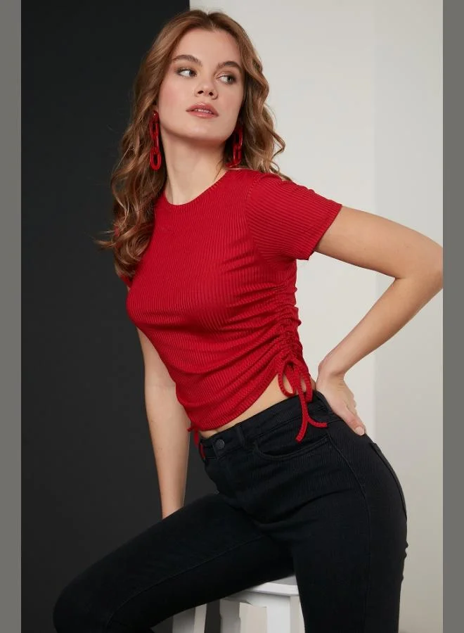 Lela Lela Women's Short-Sleeved Crop Blouse with Side Gathering 5864010