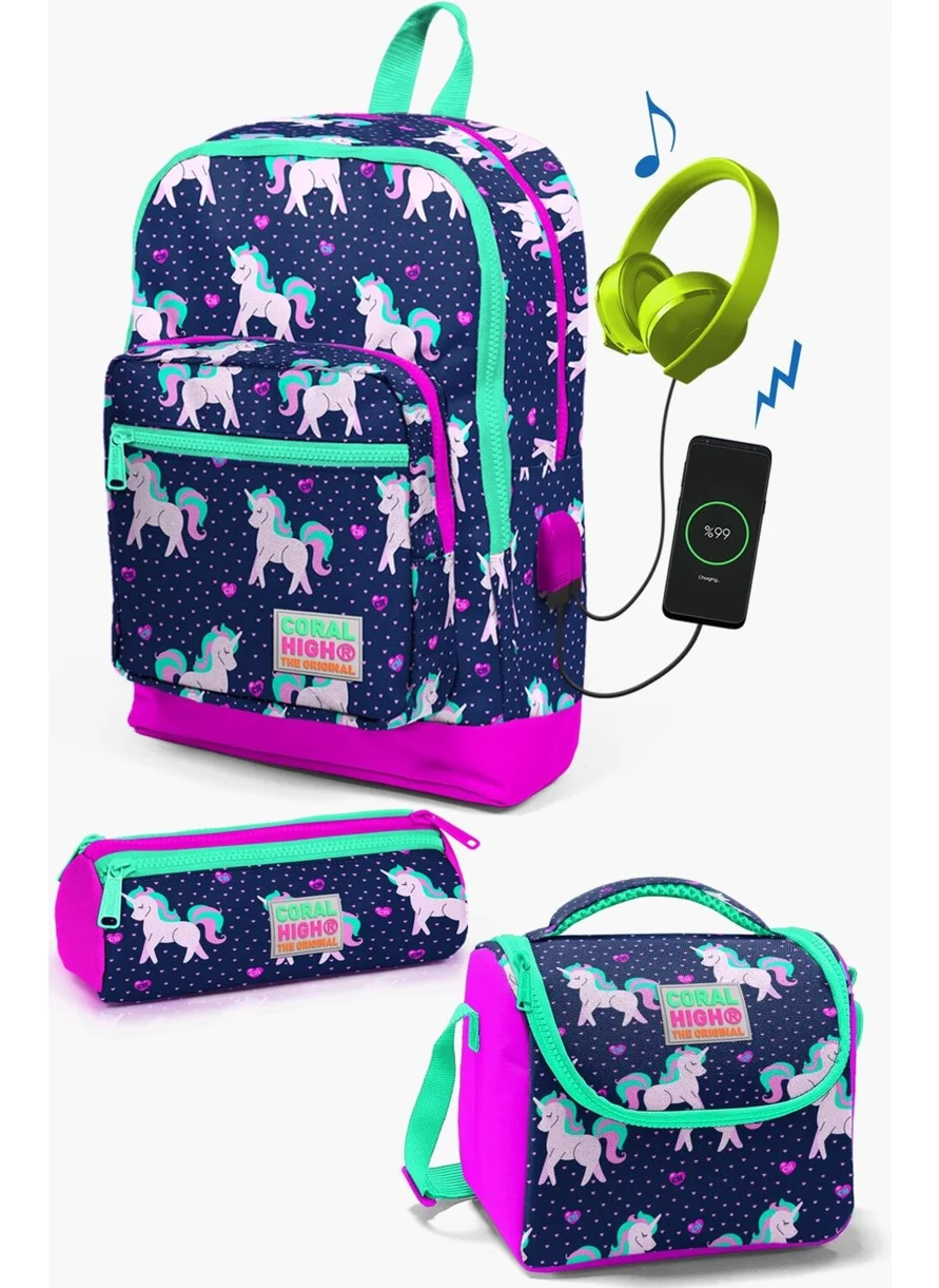 CORAL HIGH Kids Navy Blue Pink Unicorn Patterned 3-Piece School Bag Set with USB SET0123270