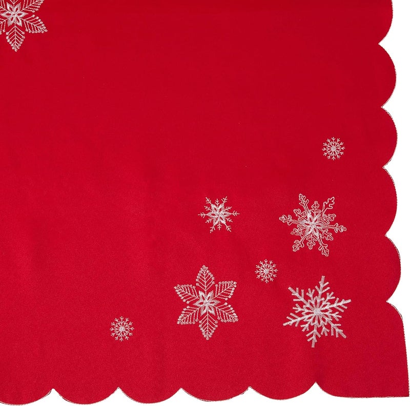 Violet Linen Embroidered Red Christmas Table Topper 36 Square Snowflakes - Image 2