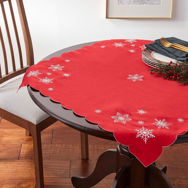 Violet Linen Embroidered Red Christmas Table Topper 36 Square Snowflakes - Image 5