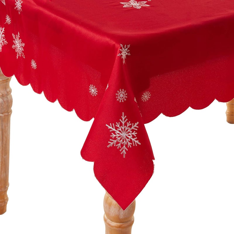 Violet Linen Embroidered Red Christmas Table Topper 36 Square Snowflakes - Image 1