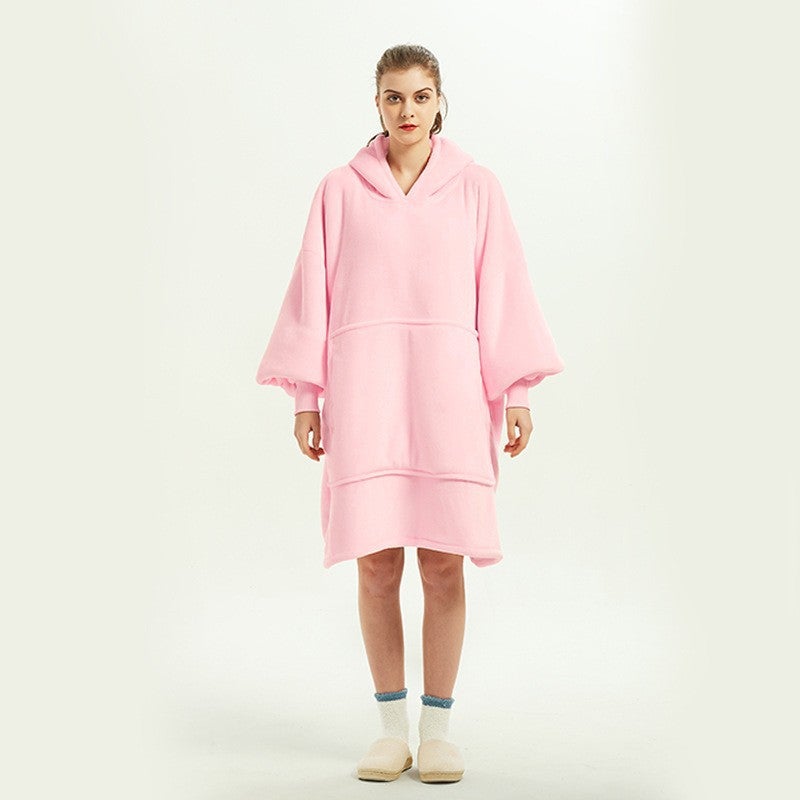 Oversized Hoodie Blanket Flannel Couples Loungewear Pink-Adult Double 