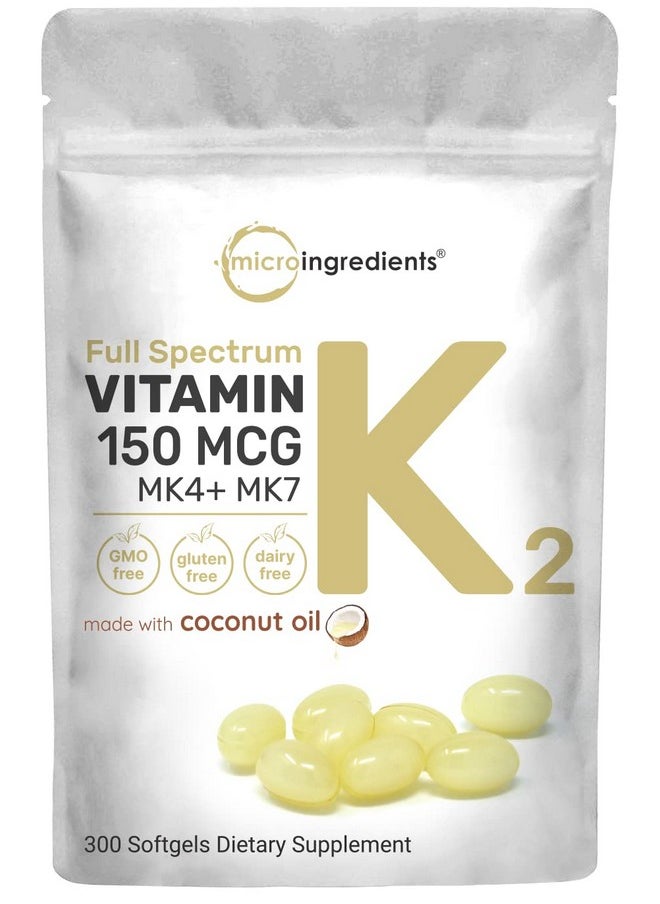 Micro Ingredients - Full Spectrum Vitamin K2 Mk4 + Mk7 Supplement 150 Mcg 300 Coconut Oil Softgles; Easily Absorbed Active Menaquinone Complex; Immune Joint & Heart Support; Nongmo - Image 1