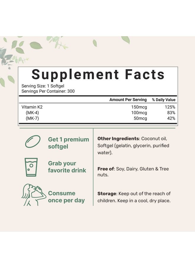 Micro Ingredients - Full Spectrum Vitamin K2 Mk4 + Mk7 Supplement 150 Mcg 300 Coconut Oil Softgles; Easily Absorbed Active Menaquinone Complex; Immune Joint & Heart Support; Nongmo - Image 1