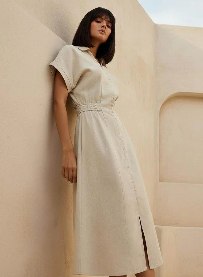 A line Midi Linen Blend Shirt Dress with Cinched Waist