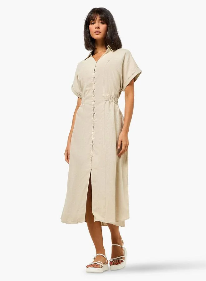Splash FAV A line Midi Linen Blend Shirt Dress with Cinched Waist