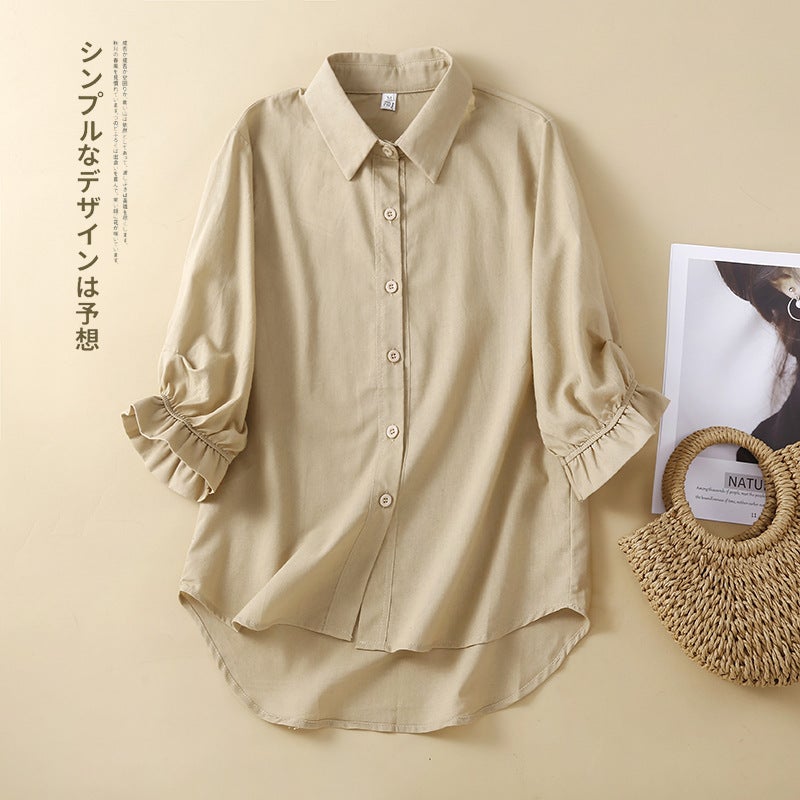 Real S 2023 Korean Cotton And Linen Solid Color Single-Breasted Loose Large Size Thin Seven-Sleeved Shirt Top - Image 4