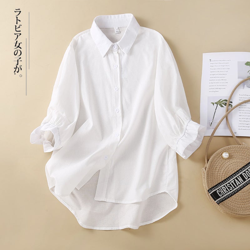 Real S 2023 Korean Cotton And Linen Solid Color Single-Breasted Loose Large Size Thin Seven-Sleeved Shirt Top - Image 5