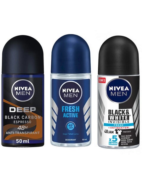 Set Of NIVEA MEN Roll On Deodorant Black And White Invisible Fresh And Fresh Active And Deep Black Carbon Espresso 50 Ml