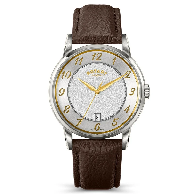 روتاري ساعة Rotary Heritage الرجالية من الفولاذ المقاوم للصدأ، ميناء فضي وحزام جلدي بني - RGS10083/70