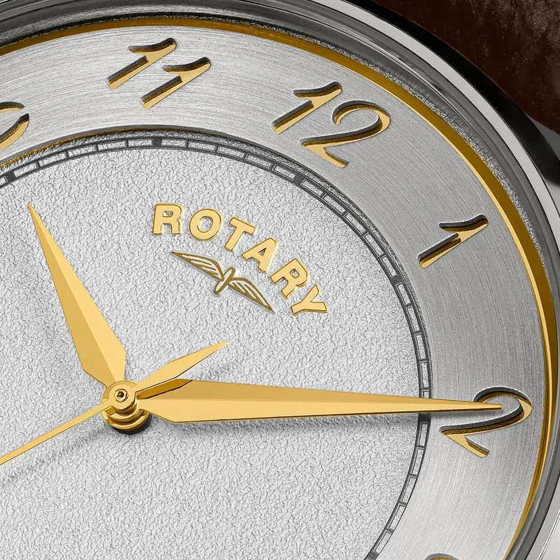 روتاري ساعة Rotary Heritage الرجالية من الفولاذ المقاوم للصدأ، ميناء فضي وحزام جلدي بني - RGS10083/70