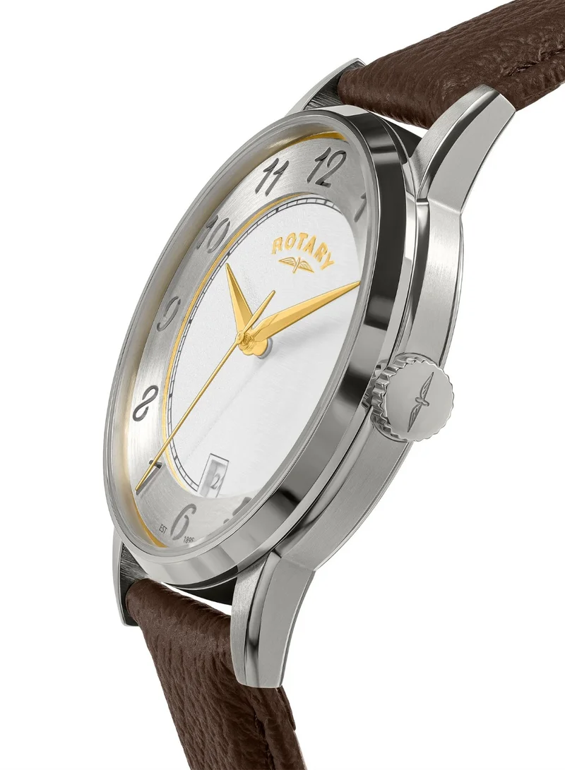 Rotary Men's Heritage Analogue Watch, 39 mm, White Dial, Brown Leather Strap