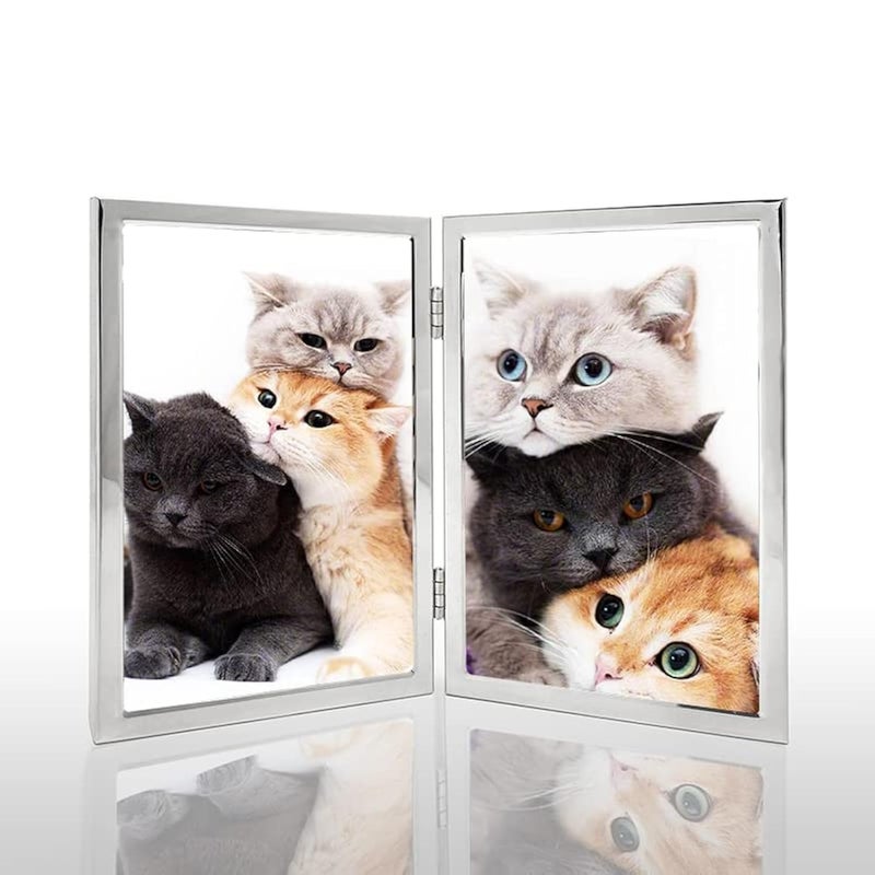 DECANIT 5x7 Picture Frame Double Hinged Silver Metal Thin Edge Frame with High Definition Glass Front Folding Frames Stand Vertically on TabletopSilver