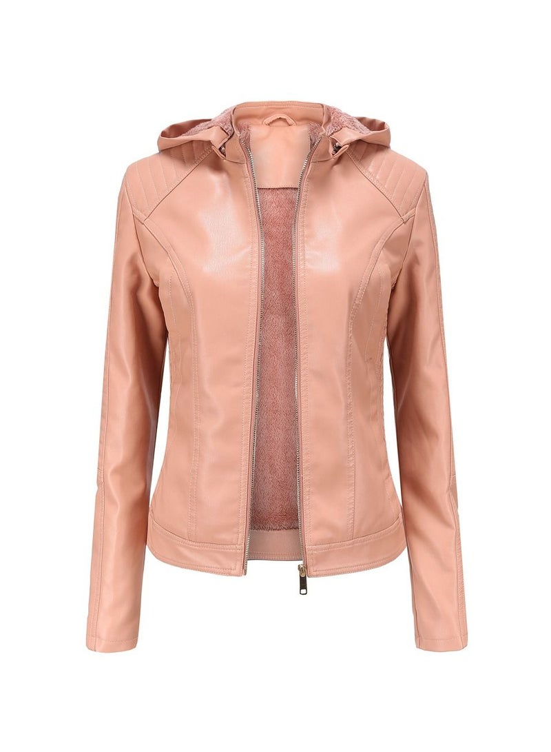 Loquat Women's Detachable Hat With Plush And Warm Leather Jacket Pink  - Image 1