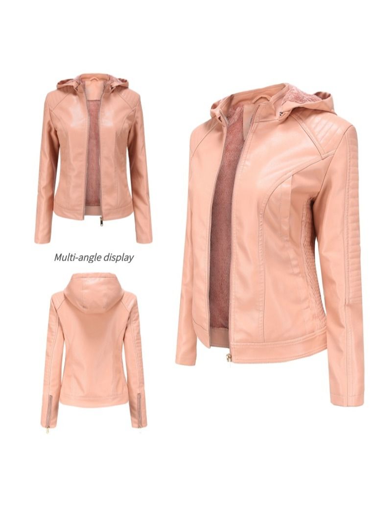 Loquat Women's Detachable Hat With Plush And Warm Leather Jacket Pink  - Image 2