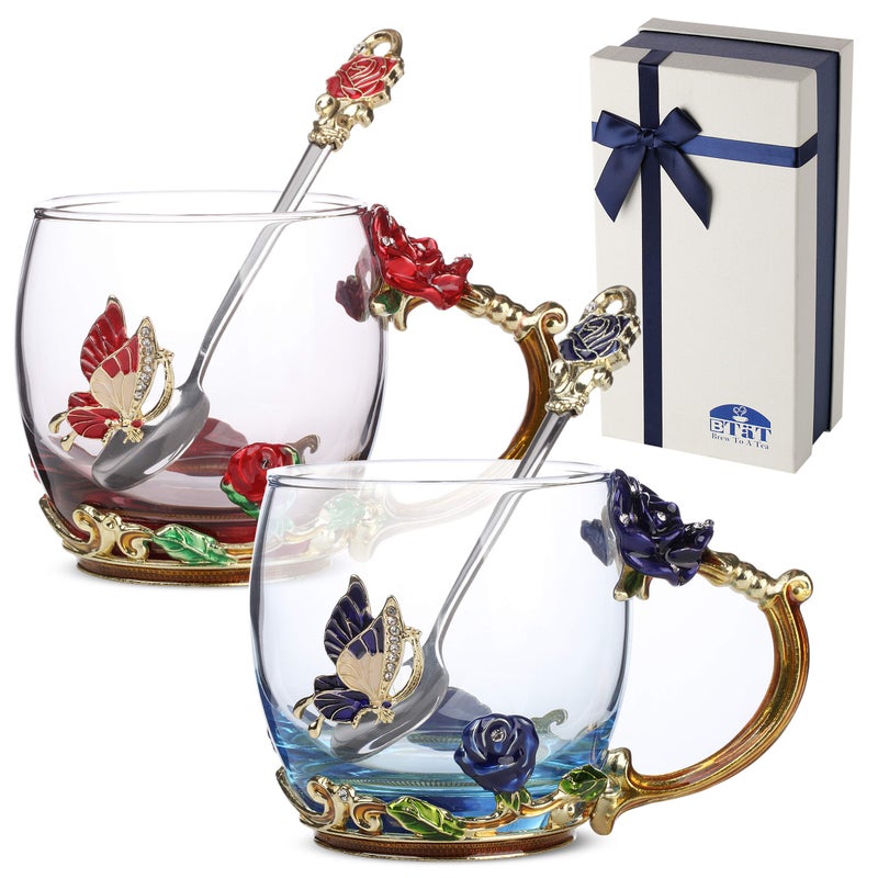 BTaT Fancy Tea Cups Pack of 2 Glass Tea Cup Gift Gifts for Women Tea Mugs for Women Flower Tea Cup Blown Glass