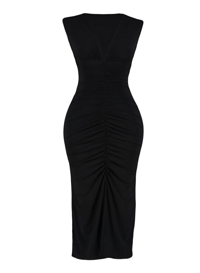 Black Fitted Ruffle Detailed Midi Stretchy Knitted Pencil Dress
