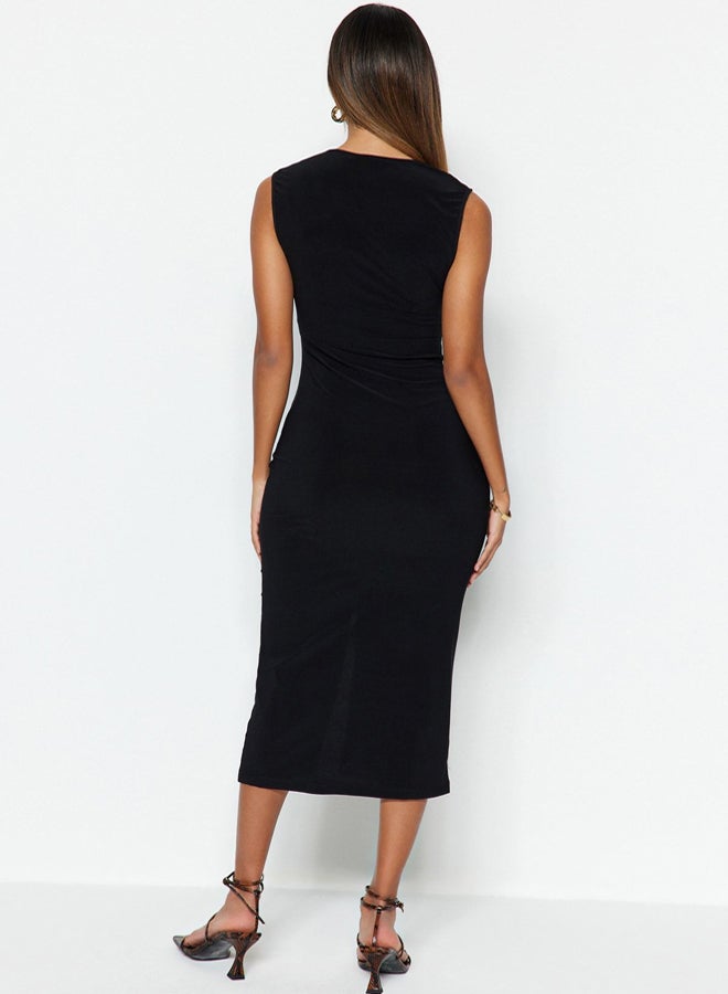 Black Fitted Ruffle Detailed Midi Stretchy Knitted Pencil Dress